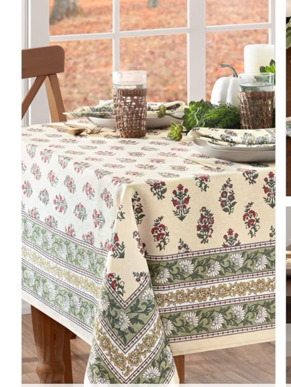 Classic Floral Cotton Tablecloth in Cream, Green and Red